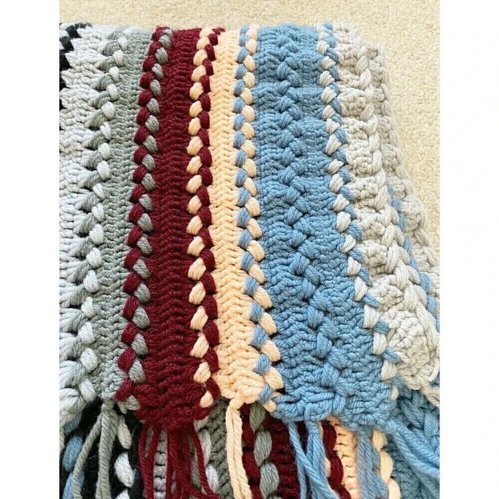 Handmade Blue Burgundy Striped Crochet Afghan Throw Fringe Roseanne Mission Sofa